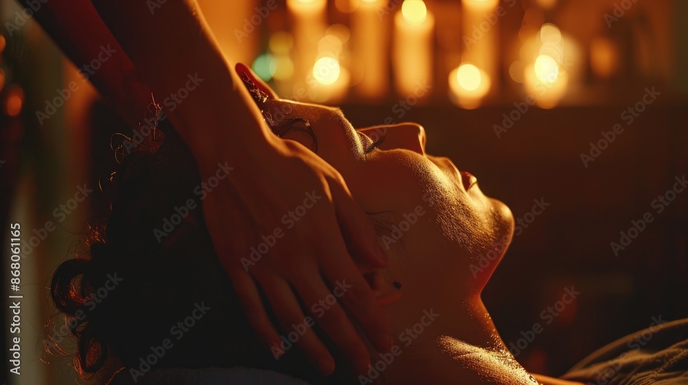 Serene head massage session in dimly lit room with candlelight ambiance Serene head massage session in dimly lit room with candlelight ambiance