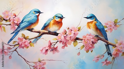 Three birds perched on a cherry blossom branch depicted in an oil painting with pastel colors and a gentle background.