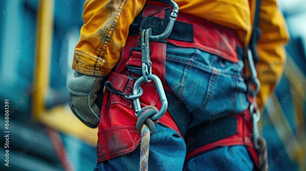 Obraz premium Close-up of a worker's fall arrestor device and safety harness hooks, emphasizing safety protocols at height. Ideal for stock photos showcasing workplace safety equipment.