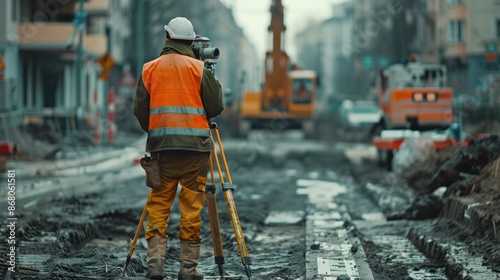 Collaboration of surveyor engineers utilizing a theodolite for accurate measurements during road construction. Illustrates teamwork and technical skills.