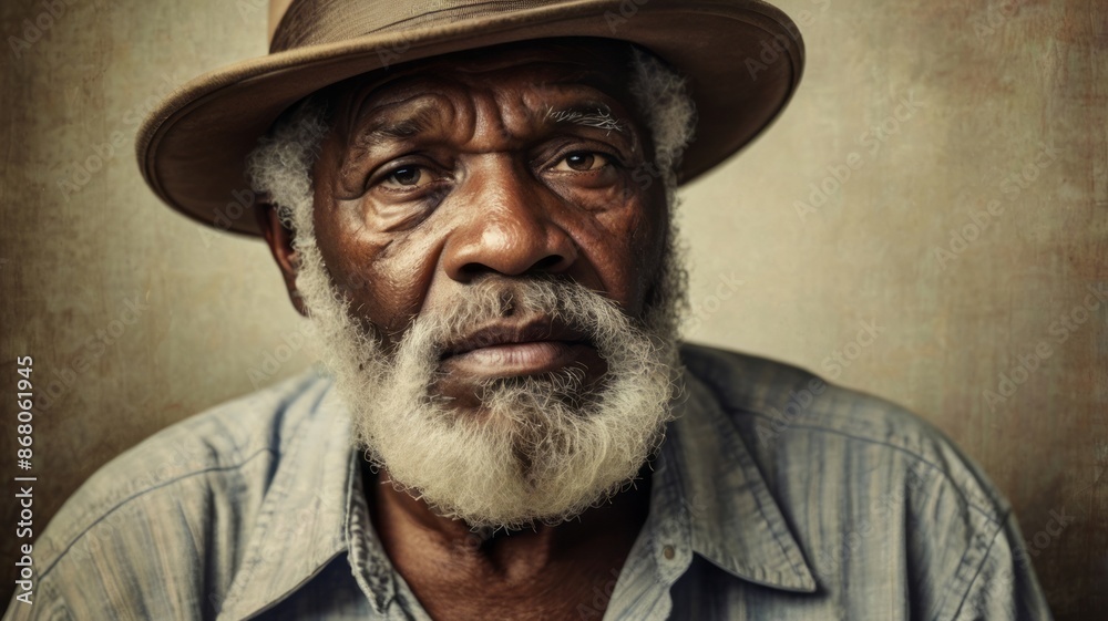 Retrato de um homem negro, idoso, barba branca, usando chapéu. Gerado com IA Retrato de um homem negro, idoso, barba branca, usando chapéu. Gerado com IA