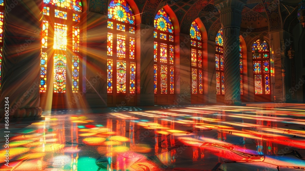 Obraz premium Window Patterns: banner background of Mosque Day theme banner design for microstock, no text, and wide copy space, Window Patterns: Light streaming through the patterned windows of a mosque, 