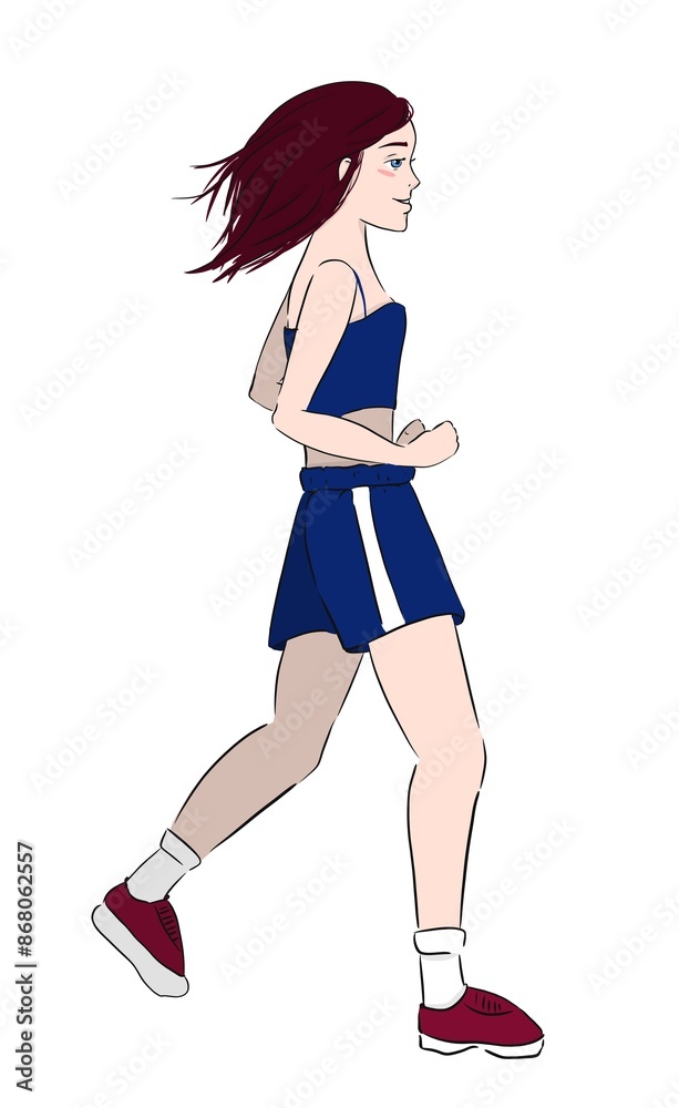 Girl with cherry hair in sports blue uniform jogging, illustration Girl with cherry hair in sports blue uniform jogging, illustration