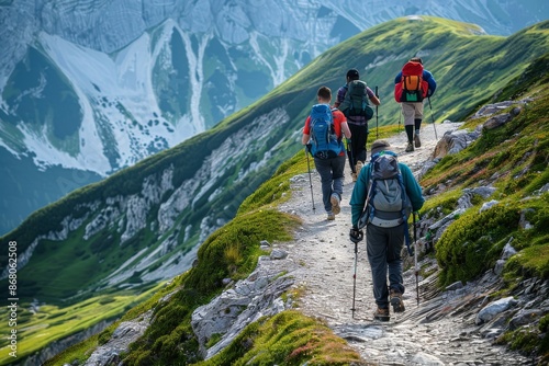 Hikers Ascending a Mountain Trail in the Alps
