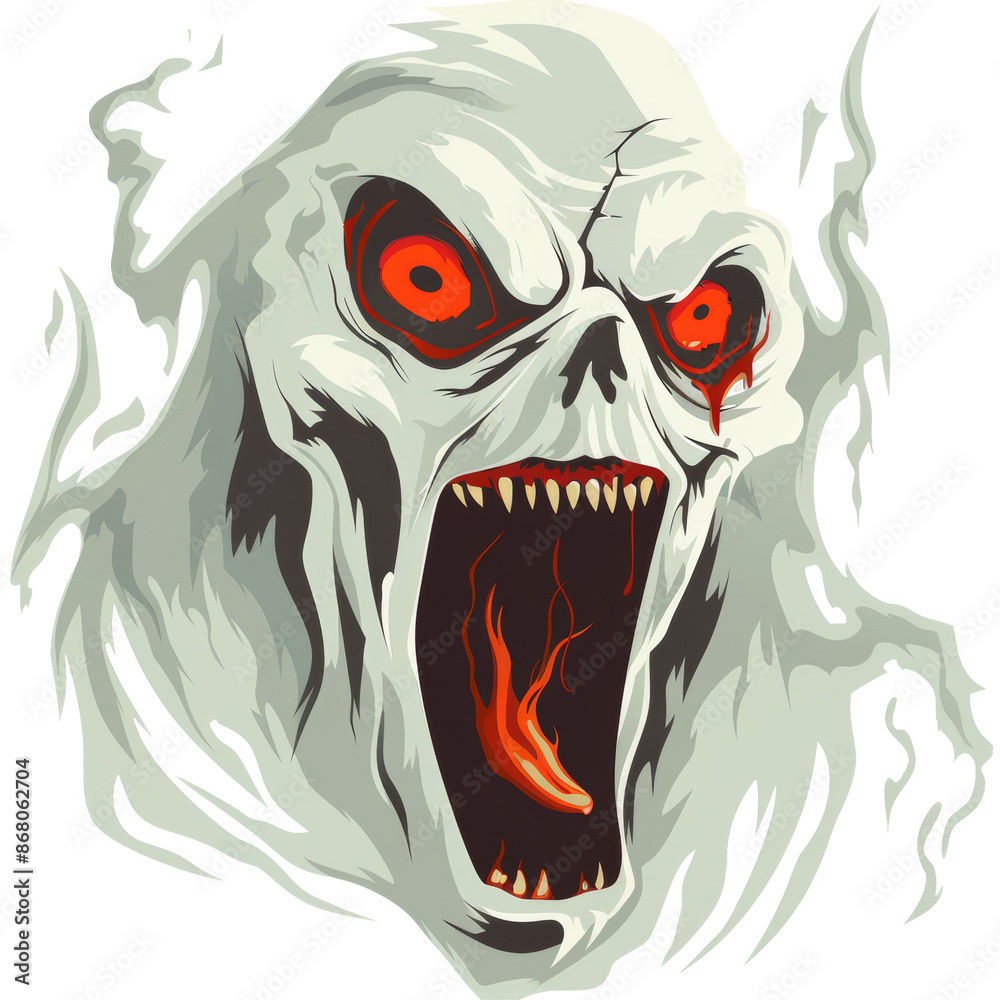 Fototapeta premium Scary Ghost with Sharp Teeth and Red Eyes Illustration on Transparent Background