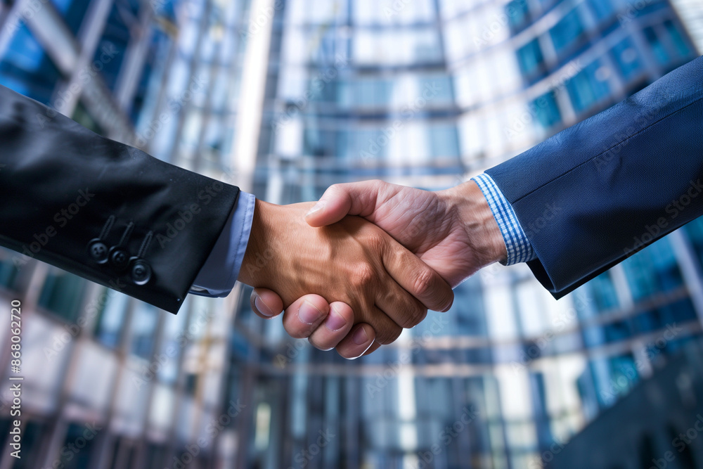 Close-Up of Business Handshake with Office Building Background Close-Up of Business Handshake with Office Building Background