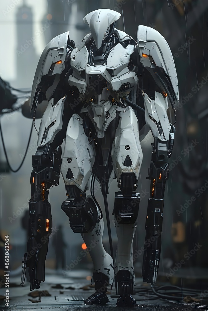 Colossal Cyber Mech in Combat-Ready Stance with Formidable Mechanical Wings and Sleek Helmet