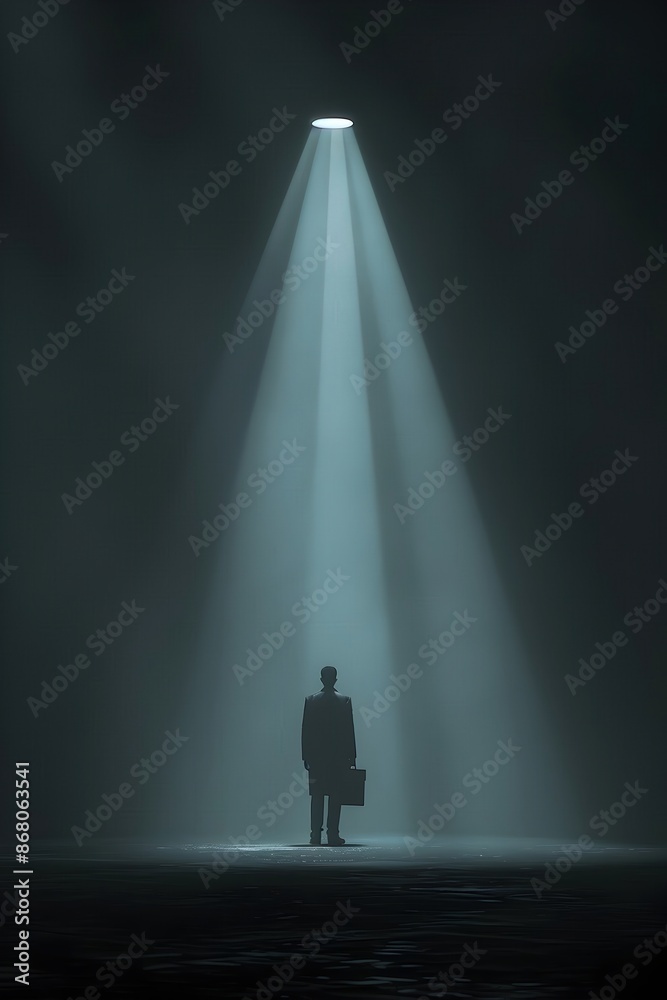 Lone Business Figure Illuminated in the Spotlight with Briefcase,Conveying Hard-Earned Success Lone Business Figure Illuminated in the Spotlight with Briefcase,Conveying Hard-Earned Success