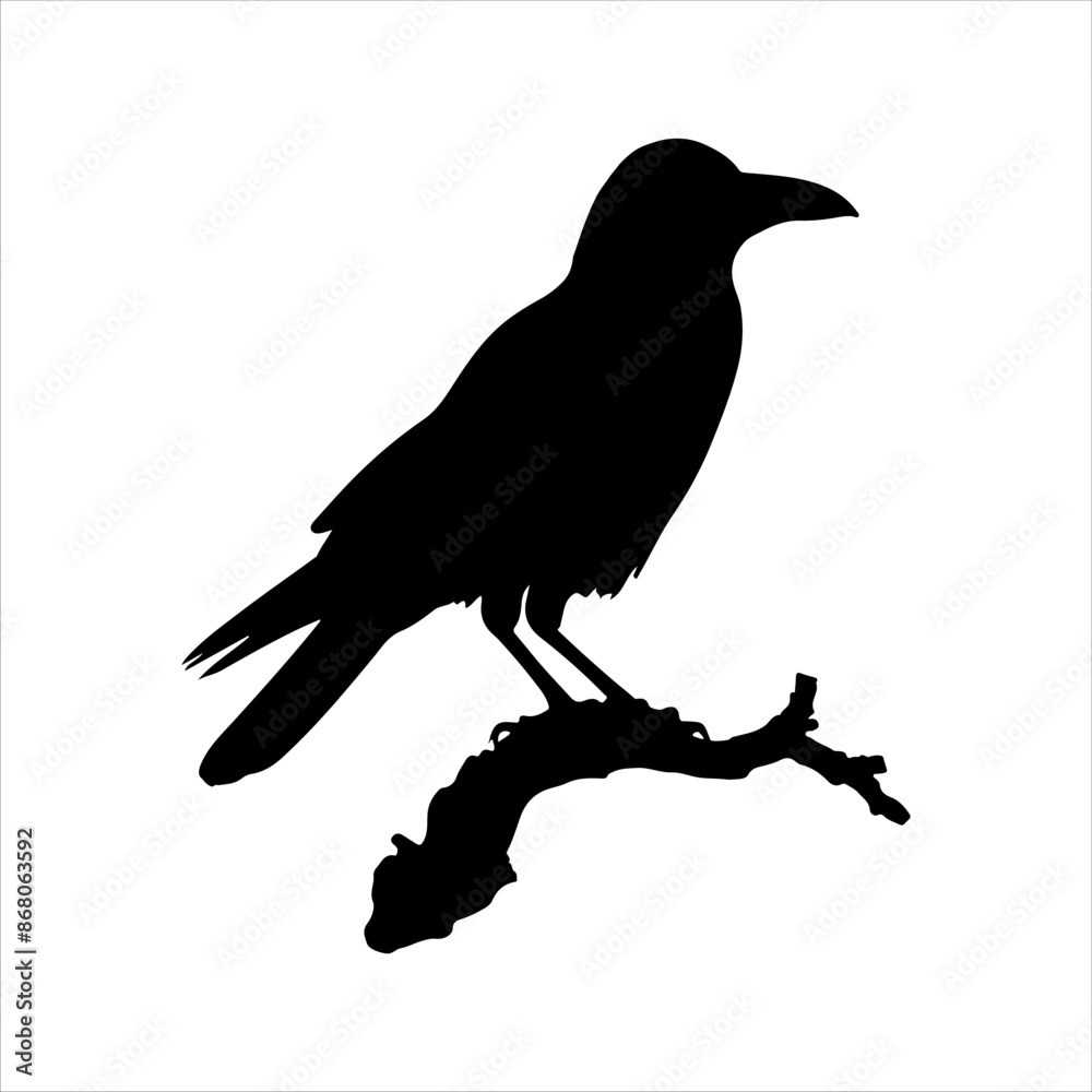 Fototapeta premium Crow sitting on dry tree branch silhouette isolated on white background. Icon vector illustration design.