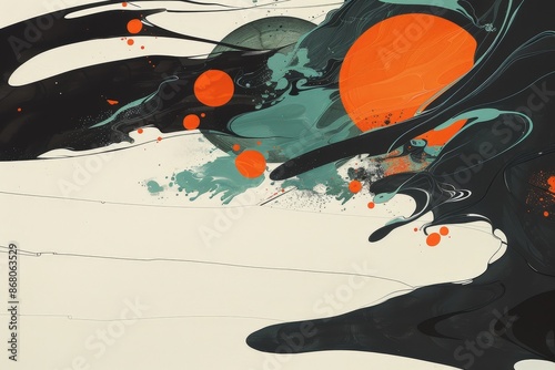 Abstract Acrylic Ink Painting with Vibrant Orange and Teal Circles