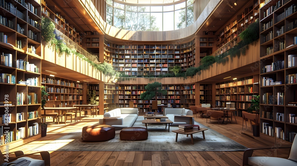 A contemporary library interior featuring floor-to-ceiling bookshelves, hardwood floors, and cozy reading nooks. A central atrium allows sunlight to bathe the space. A contemporary library interior featuring floor-to-ceiling bookshelves, hardwood floors, and cozy reading nooks. A central atrium allows sunlight to bathe the space.