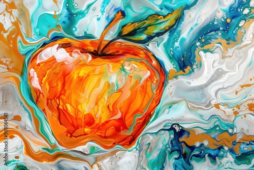 Vibrant Abstract Acrylic Painting of an Apple with Ink Swirls