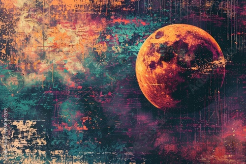 Abstract Acrylic Ink Painting of Moon and Colorful Sky