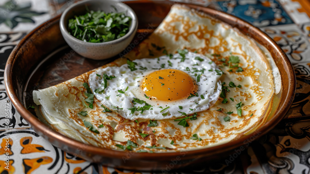 a crepe with a perfectly cooked sunny-side-up egg on top, garnished with chopped herbs a crepe with a perfectly cooked sunny-side-up egg on top, garnished with chopped herbs