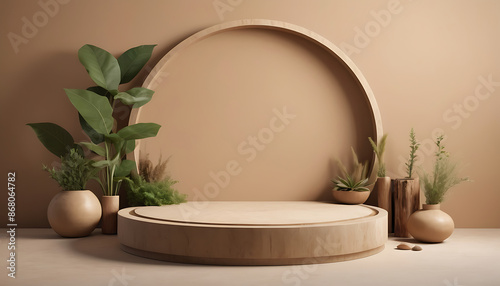 Circular podium promoting organic wellness. Natural materials, earthy tones. Fresh, inviting atmosphere with space for wellness-themed text overlays. 