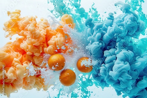 Vibrant Abstract Painting With Oranges And Blue Ink Swirls