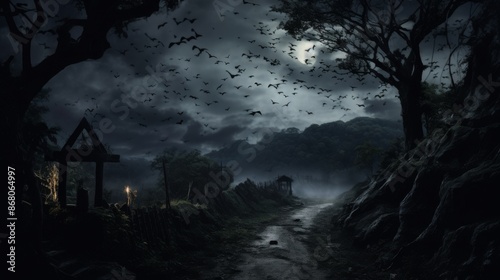 Dark Forest Path with Flying Bats Under Moonlit Sky © lemoncraft