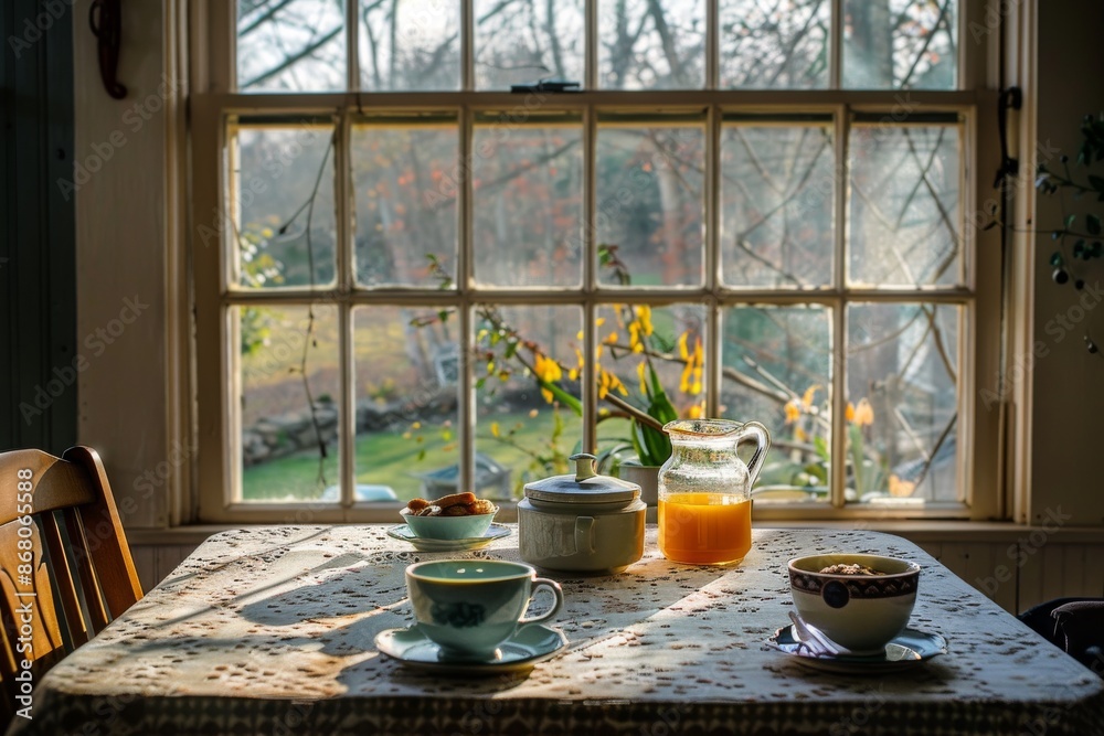 Morning Sunlight Illuminates a Table Setting in a Rustic Home Morning Sunlight Illuminates a Table Setting in a Rustic Home