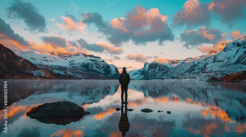 Fototapeta Naklejka Na Ścianę i Meble -  A man stands on a rock in front of a lake