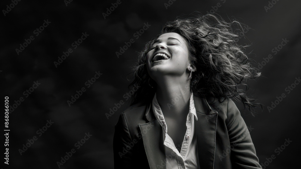 An artistic black-and-white photograph of a woman with curly hair laughing, her hair animated by the wind An artistic black-and-white photograph of a woman with curly hair laughing, her hair animated by the wind