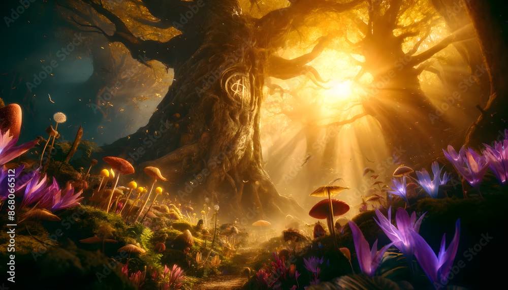 Obraz premium Enchanting Forest Glow: Mystical Light Through Ancient Trees