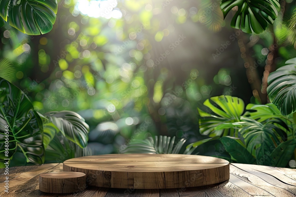 Obraz premium Tropical forest background with wood podium and green monstera.