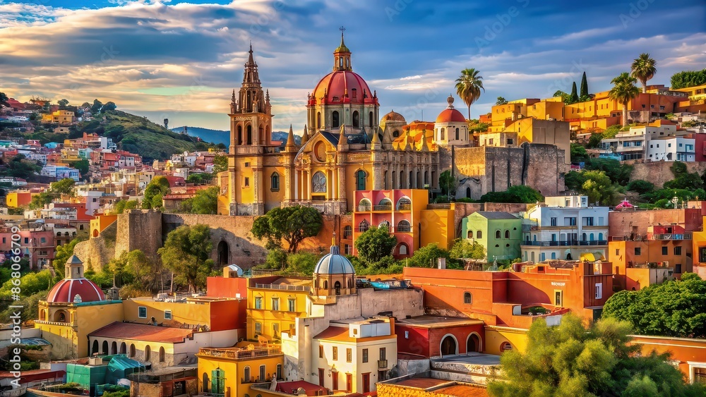 Naklejka premium Vibrant Mexican town with colorful houses and cathedral on hill , Mexico, town, cathedral, colorful, houses