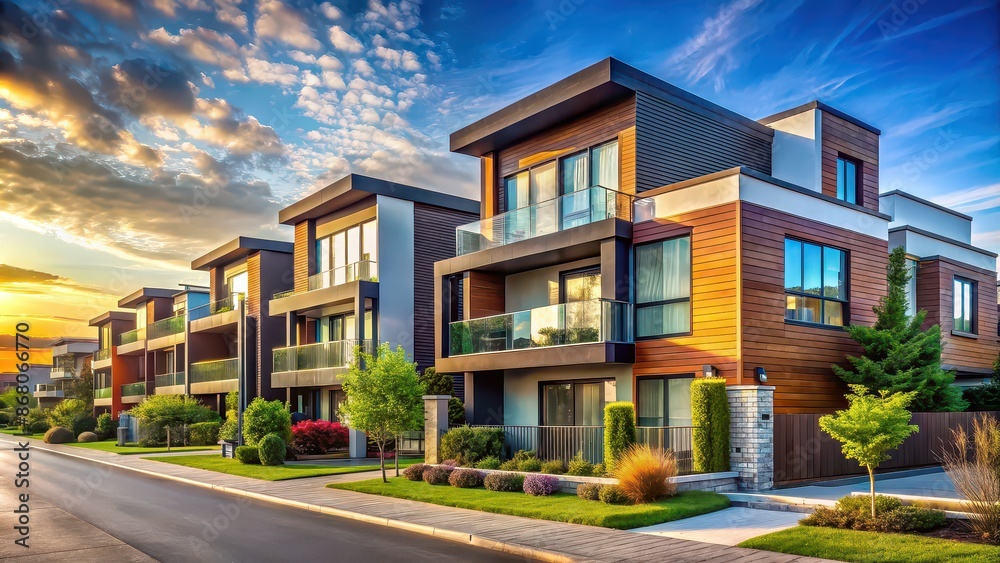 Cityscape with modern style houses in a vibrant urban setting, architecture, residential, neighborhood, contemporary, city Cityscape with modern style houses in a vibrant urban setting, architecture, residential, neighborhood, contemporary, city