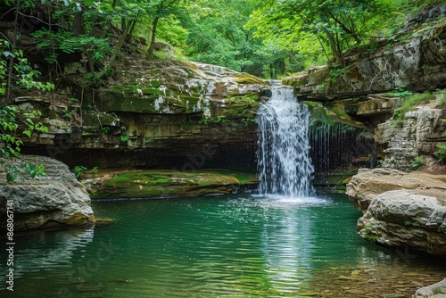 Waterfall Cascades into a Tranquil Pool in a Lush Forest