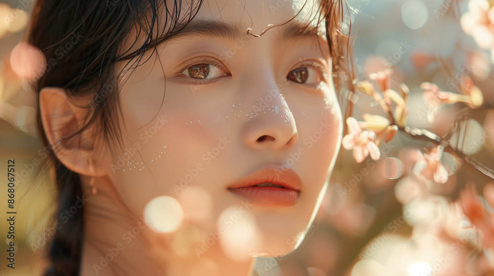 Fototapeta premium Flawless Complexion Secret: Korean Woman Using Sea Buckthorn Extract Skincare Product