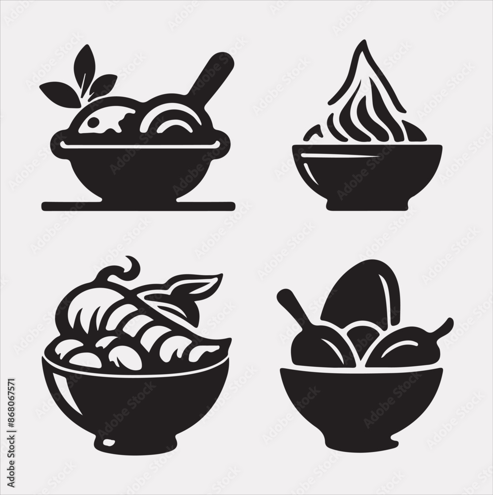 A Set of 4pcs food icon Silhouette vector Illustration with White Background 