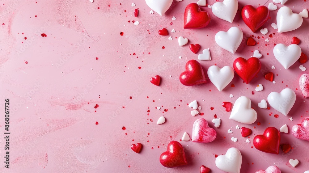 Valentine s Day theme with small red and white hearts on a pink background Love concept Plenty of room for text