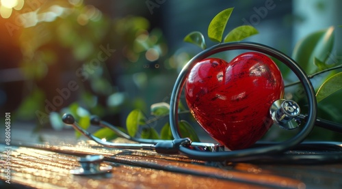 Red Heart Model and Stethoscope on Wooden Table