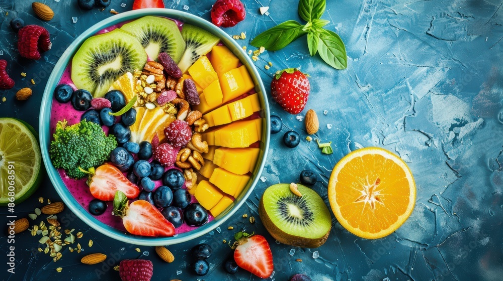 Fototapeta premium Colorful smoothie bowl with fresh fruits and nuts, vibrant and healthy breakfast, energizing wellness routine