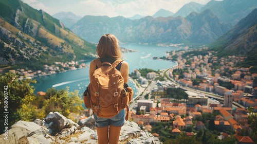 A woman traveler with her backpack overlooking the city of Kotor in Montenegro. The scenic view has mountains and a river as a backdrop, with a panoramic view.  © horizon