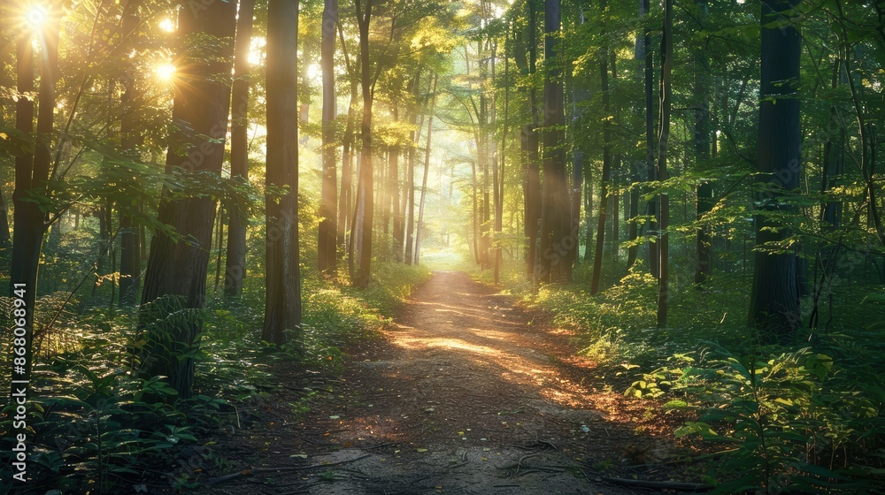 Obraz premium Forest path with diverse plant species, sunlight filtering through trees, rich biodiversity, peaceful hiking environment, and nature walk