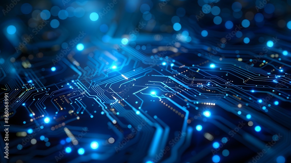 Abstract blue circuit board background with glowing lights and dots, symbolizing technology and digital design. High-tech futuristic pattern for web banner or presentation. copy space. Abstract blue circuit board background with glowing lights and dots, symbolizing technology and digital design. High-tech futuristic pattern for web banner or presentation. copy space.