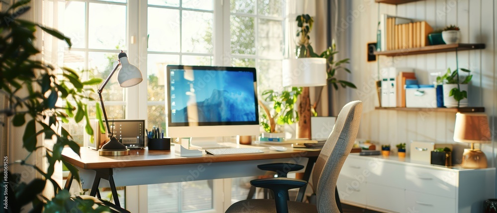 Tech-savvy home office with smart devices, high-speed internet, and ergonomic chair, optimized for productivity, modern workspace