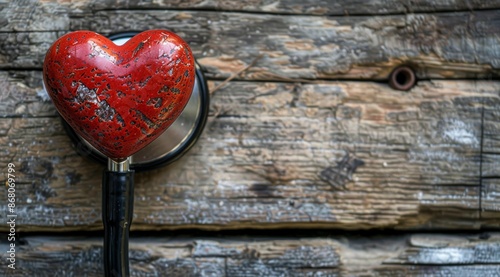 Red Wooden Heart With Stethoscope on Rustic Wooden Surface