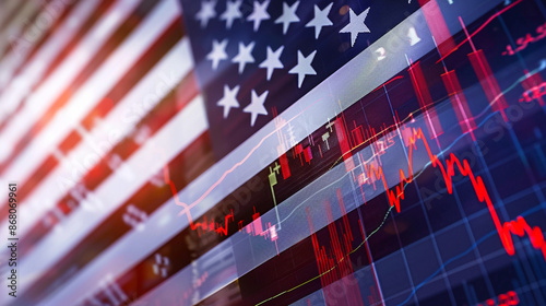 American Flag and Stock Market Graph: Economic Decline Concept for Financial News and US Economy Analysis photo