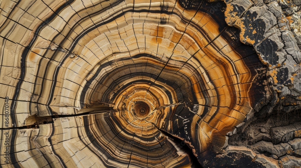 Cross section of weathered wood displaying annual growth rings Cross section of weathered wood displaying annual growth rings