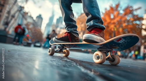 An energetic urban skate park scene photographed, featuring skaters in crisp focus against a blurred cityscape. The dynamic and youthful vibe of the echoes the essence of adventure sports magazines.