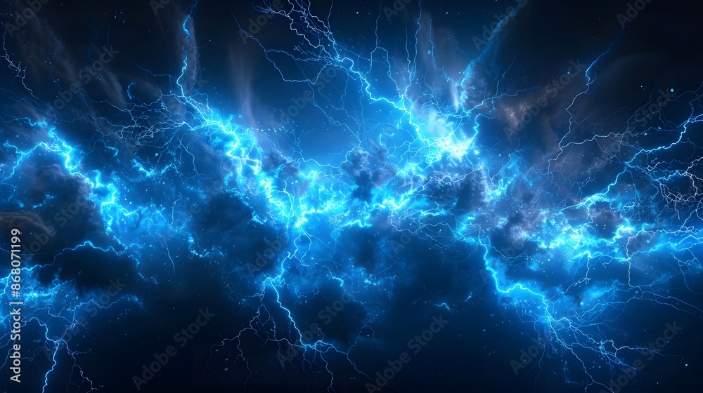 Fototapeta premium Blue lightning background, dark blue color, a lightning effect, electricity, energy flow, an electric field, glowing lightnings, an electric storm, thunderstorm, black sky.