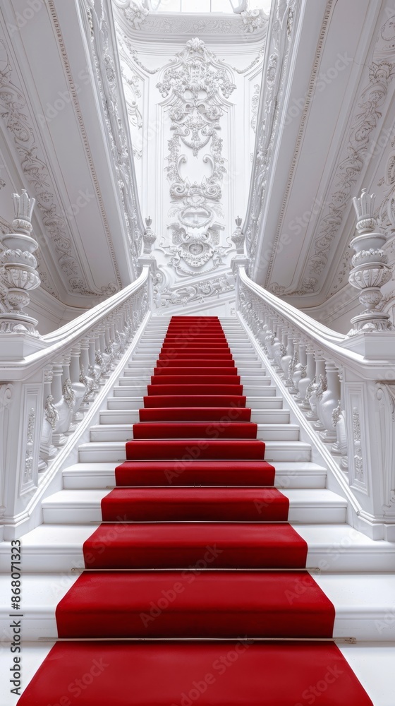 Obraz premium Elegant grand staircase with red carpet in ornate white interior, luxury and opulence concept