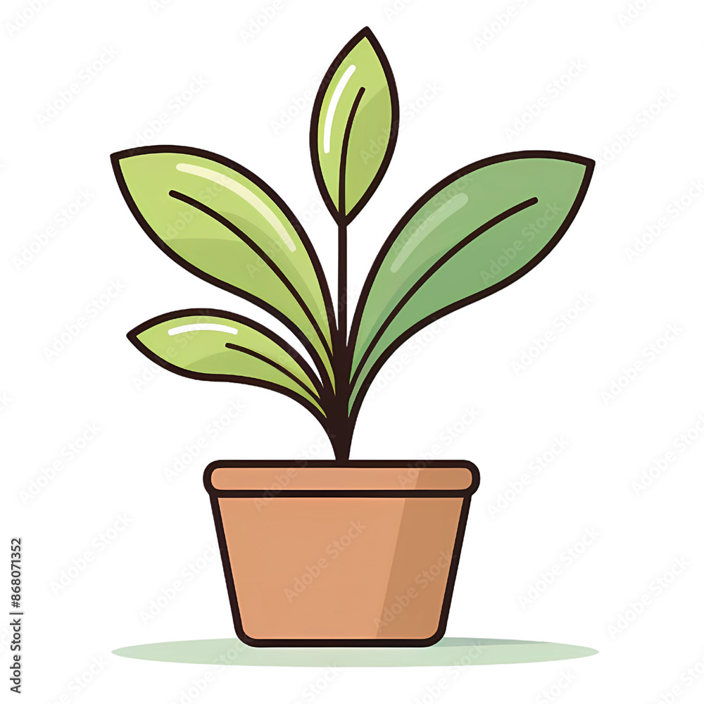 Botanical Illustration of Potted Greenery. PNG Isolated on Transparent background.