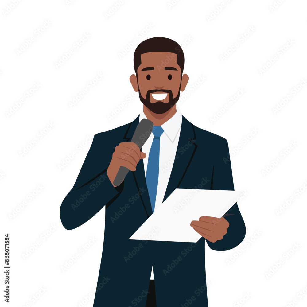 Young businessman at successful public speaking. Flat vector illustration isolated on white background Young businessman at successful public speaking. Flat vector illustration isolated on white background