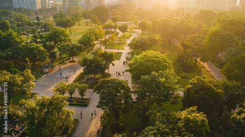 Urban Oasis: A Bird's Eye View of a Public Park in a Bustling City Where People Relax and Jog in the Morning photo