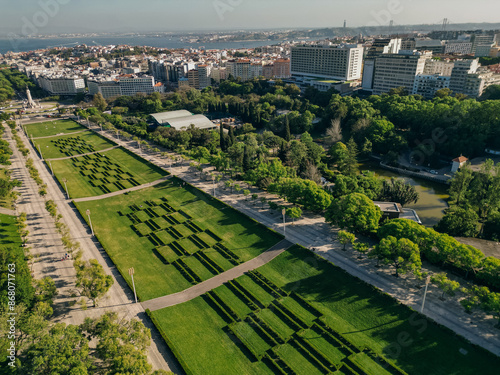 AERIAL View of Eduardo VII park with labyrinth in Lisbon, Portugal photo