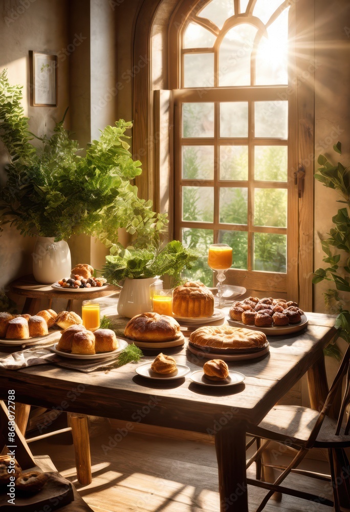 Fototapeta premium stylish breakfast corner fresh pastries morning sunlight, bright, cozy, elegant, modern, chic, delicious, bakery, coffee, croissant, muffin, table, chair