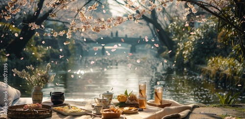 A Serene Picnic Under a Shower of Cherry Blossoms by the River